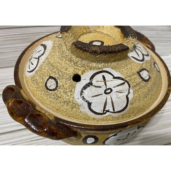 Vtg Art Pottery Lidded Casserole Dish Floral Brown & White MCM - Picture 8 of 8